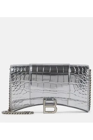 Balenciaga Hourglass Croc Embossed Leather Keyring Wallet Silver