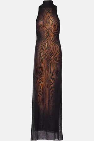 Jean Paul Gaultier Wood printed mesh maxi dress