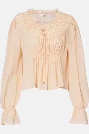 Chloé ChloÃ© Shirred cropped lace-trimmed silk blouse
