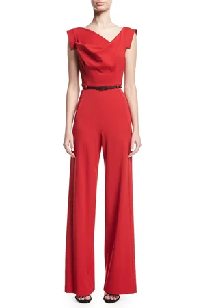 Black Halo Jackie Cap-Sleeve Belted Wide-Leg Jumpsuit
