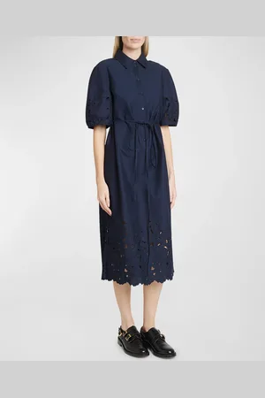Erdem Floral Embroidered Cutout Puff-Sleeve Midi Shirtdress