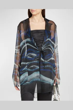 Giorgio Armani Night Water Print Self-Tie Silk Blouse Jacket