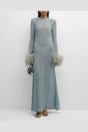 LAPOINTE Feather-Cuff Long-Sleeve Strong-Shoulder Sheer Georgette Maxi Dress