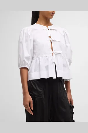 Ganni Poplin Front-Tie Peplum Blouse with Puffed-Sleeves