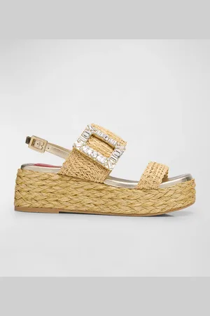 Roger Vivier Raffia Crystal Buckle Platform Sandals