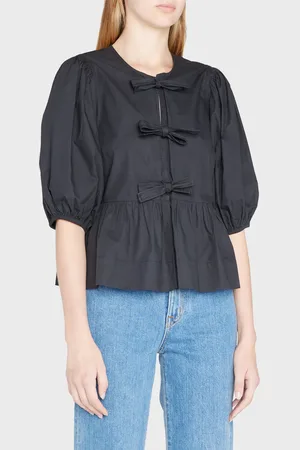 Ganni Poplin Front-Tie Peplum Blouse with Puffed-Sleeves