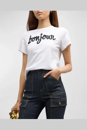 Cinq A Sept Bonjour Fringe Embroidered Shrunken T-Shirt