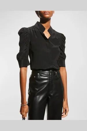 Frame Gillian Silk Collared Puff-Sleeve Top