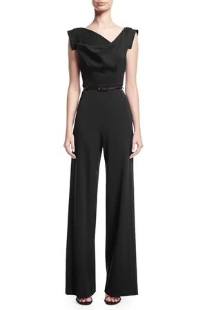 Black Halo Jackie Cap-Sleeve Belted Wide-Leg Jumpsuit