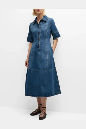 CO Half-Placket Short-Sleeve Denim Mini Shirtdress