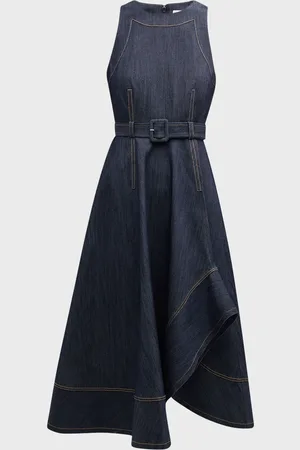 Cinq A Sept Zelda Belted Asymmetric Sleeveless Denim Midi Dress