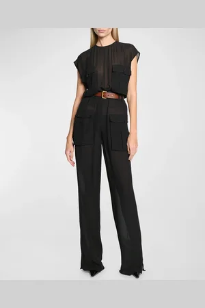 Saint Laurent Combinaison Sleeveless Belted Silk Chiffon Utility Jumpsuit