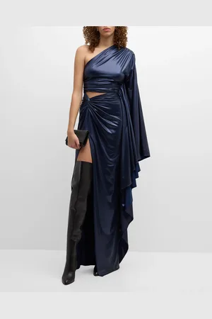 LAPOINTE Coated Jersey One-Shoulder Ruched Slit Gown