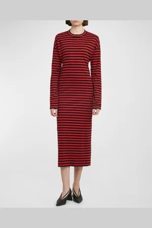 Plan C Striped Long-Sleeve Midi T-Shirt Dress
