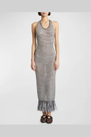 Alaïa Striped Crochet-Knit Sleeveless Maxi Dress With Fringe Hem