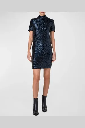 AKRIS Sequined Mock-Neck Short-Sleeve Mini Dress