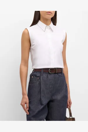 Brunello Cucinelli Monili-Collar Sleeveless Cotton Poplin Stretch Top