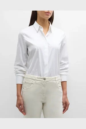 Brunello Cucinelli Cotton Poplin Button-Front Top with Monili Trim