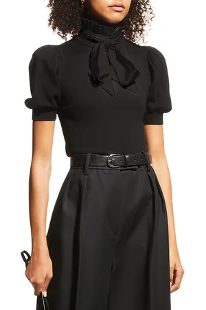 ALICE+OLIVIA Chase Puff-Sleeve Ruffle-Neck Sweater