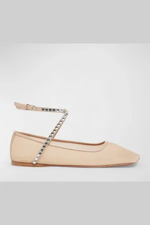 Amina Muaddi Ane Mesh Crystal Ankle-Strap Ballerina Flats