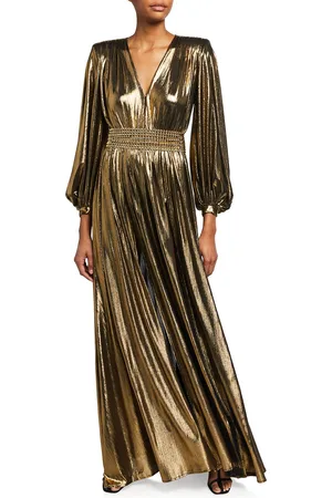 Bronx and Banco Zoe Metallic Lame Blouson-Sleeve Gown