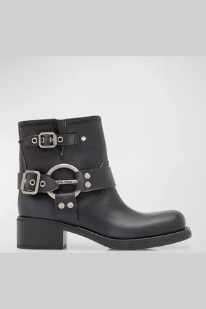 Miu Miu Leather Harness Buckle Biker Ankle Boots