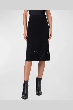 AKRIS Wool-Silk Blend Knit Midi Skirt with Stars Intarsia Detail
