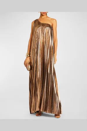 Retrofete Kensley One-Shoulder Metallic Pleated Maxi Dress