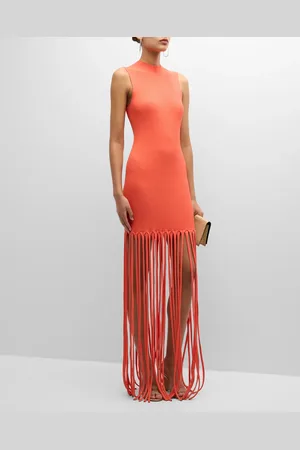LAPOINTE Sleeveless Crepe Matte Ribbed Fringe Maxi Dress