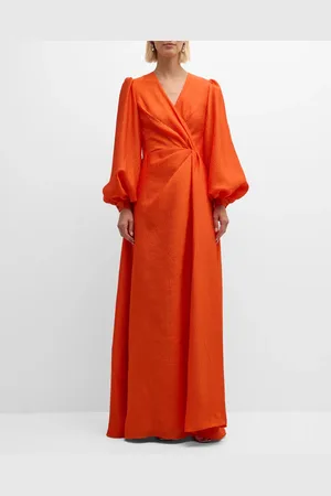 E.stott Eden Pleated Blouson-Sleeve Jacquard Gown
