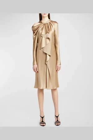 Alberta Ferretti Draped Ruffle Satin Long-Sleeve Dress
