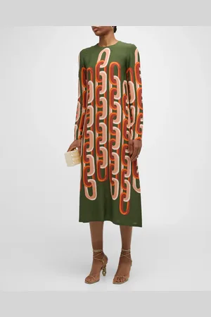 La DoubleJ Printed Long-Sleeve Midi Swing Dress