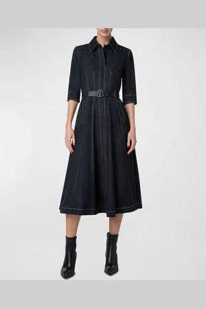 AKRIS Belted Cotton Denim Midi Dress with Contrast Stitching