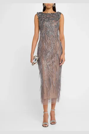 Marchesa Notte Beaded Ostrich-Feather Embroidered Cocktail Dress