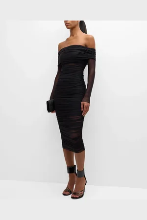 ALICE+OLIVIA Isadola Off-Shoulder Mesh Ruched Midi Dress