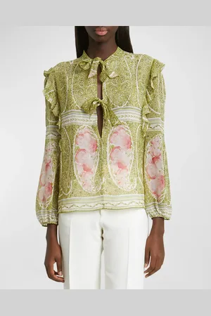 Giambattista Valli Paisley-Print Ruffle Long-Sleeve Silk Blouse