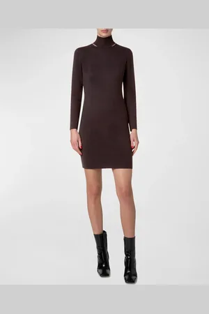 AKRIS Mock-Neck Slits Long-Sleeve Knit Mini Dress