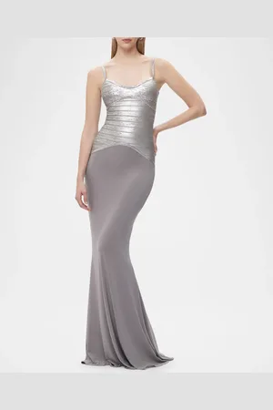 Hervé Léger Violet Foil Bandage Trumpet Gown