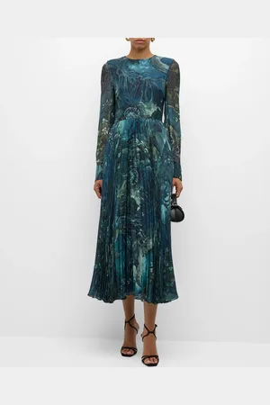 Jason Wu Long-Sleeve Pleated Chiffon Midi Dress
