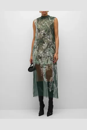 Jason Wu Printed Organza Sleeveless Midi Dress With Crinkle Foil Lining
