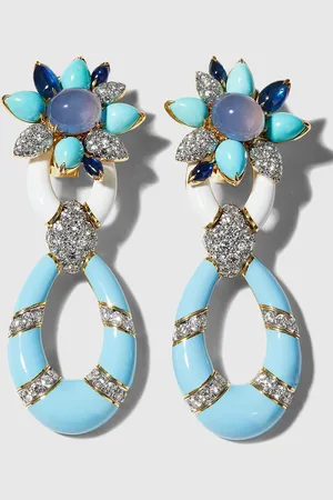 David Webb Yellow Gold and Platinum Asheville Earrings with Blue Chalcedony, Turquoise and Sapphires