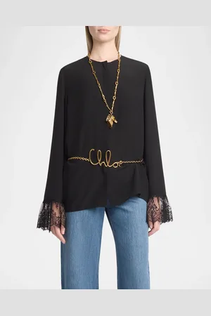 Chloé Button Down Crepe De Chine Top with Lace Sleeves