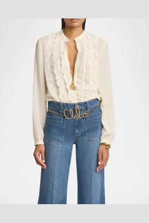 Chloé Lace-Ruffle Bib Silk Button-Down Top