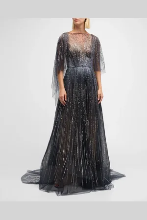 Marchesa Notte Fully-Embroidered Gown with Cape Sleeves