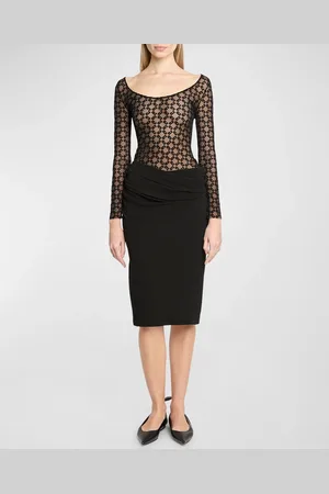 Givenchy Monogram Mesh Long-Sleeve Draped Midi Dress