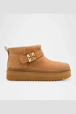 Tory Burch Mellow Suede Shearling Buckle Platform Booties