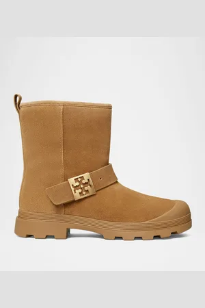 Tory Burch Mellow Suede Shearling Buckle Cozy Booties