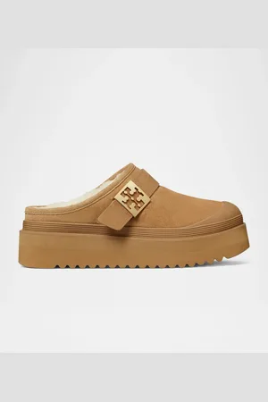 Tory Burch Mellow Suede Shearling Buckle Platform Loafer Mules