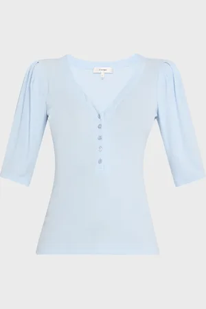 Frame Rib Ruched Short-Sleeve Henley Top