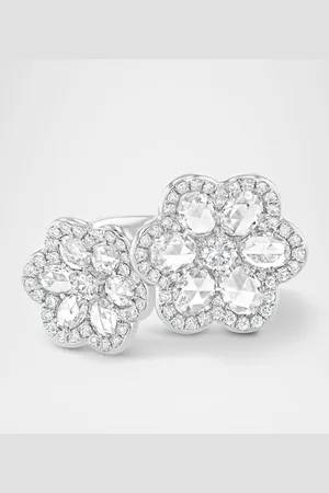 64 Facets Floral 18K White Gold Double-Flower Motif Ring with , Size 5